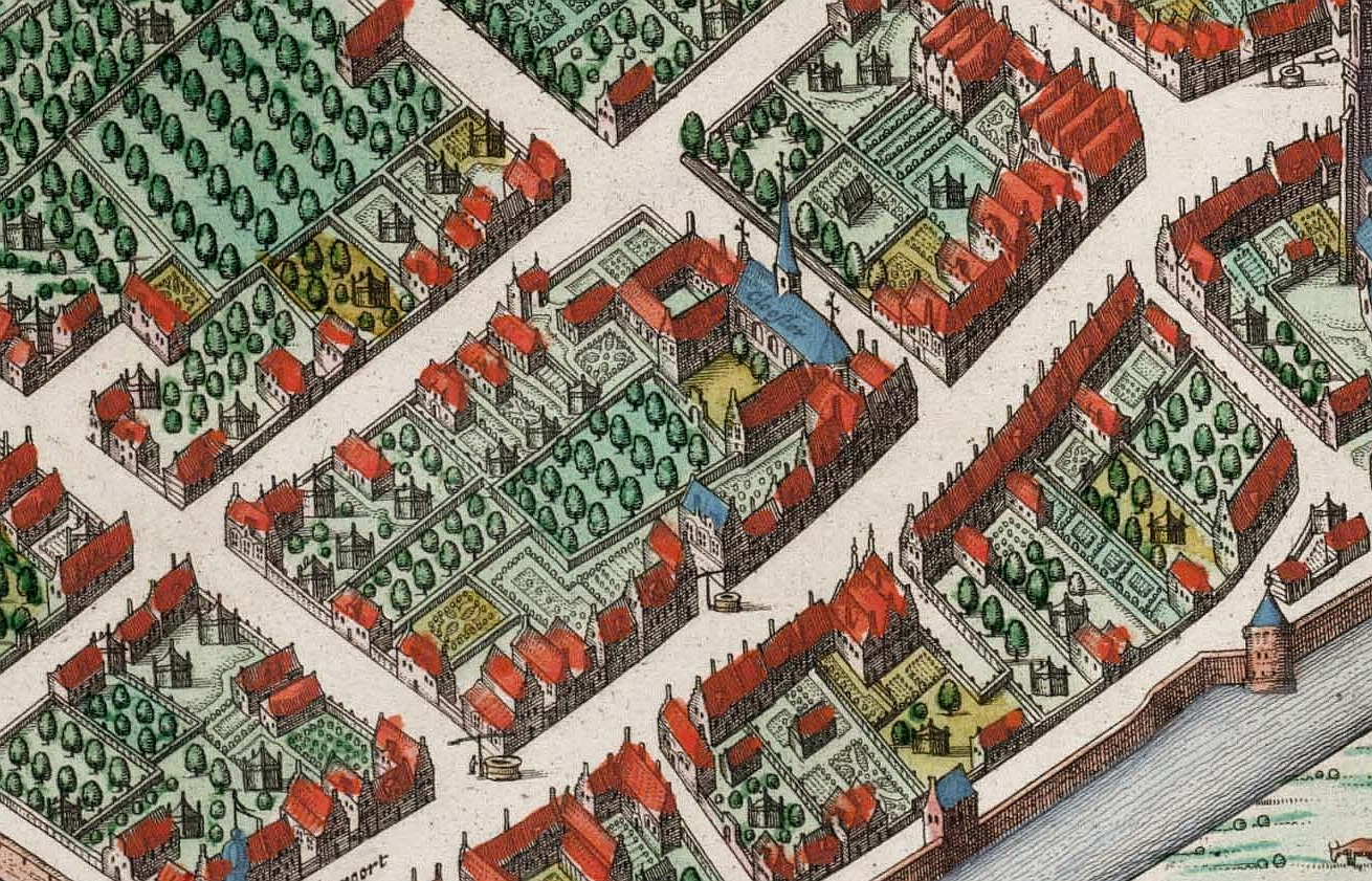Het Jerusalemklooster op de vogelvluchtkaart van Blaeu uit 1649. Aan de Zandstraat staan tussen de Kloostersteeg en de put bij de wagenweg van de kloosterboerderij een zestal huizen die een erfrente betaalden aan het klooster. (Culenburgum, Atlas van Stolk)